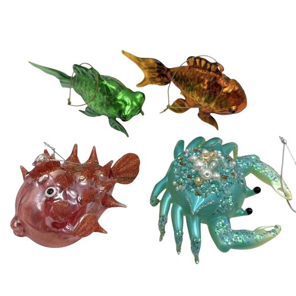 4 Glass Crab Koi Fish Pufferfish Ocean Seaside Coastal Tropical Ornament Lot - Picture 7 of 10